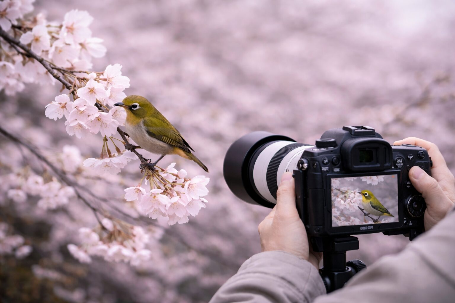 桜撮影で望遠レンズメジロ対応