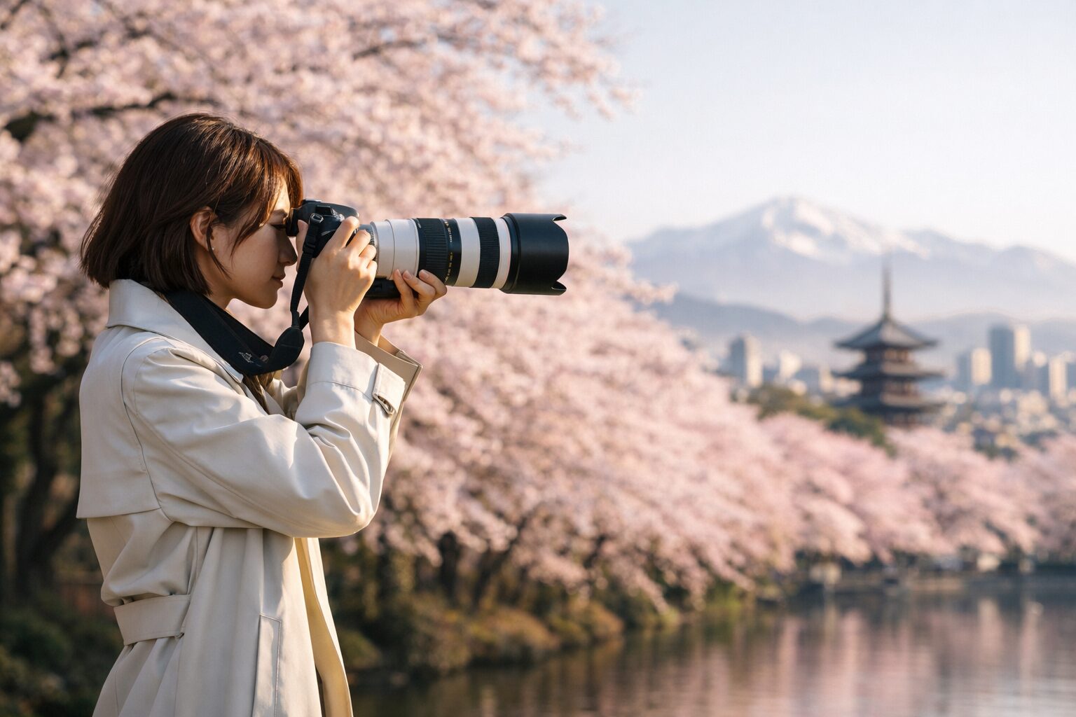 桜撮影で望遠レンズ圧縮効果