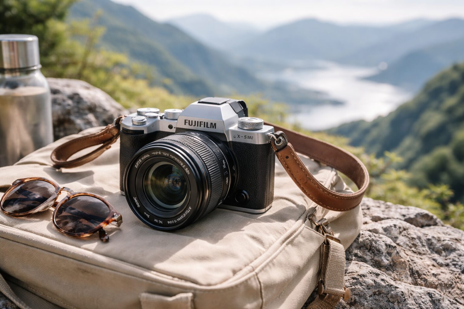 APS-C機の軽さと日常性を伝えるカメラとバッグのイメージ