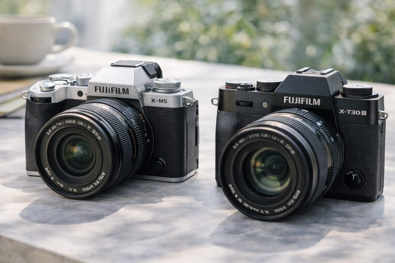 X-M5とX-T30 IIIのボディデザインと液晶方式の違いを示す比較イメージ