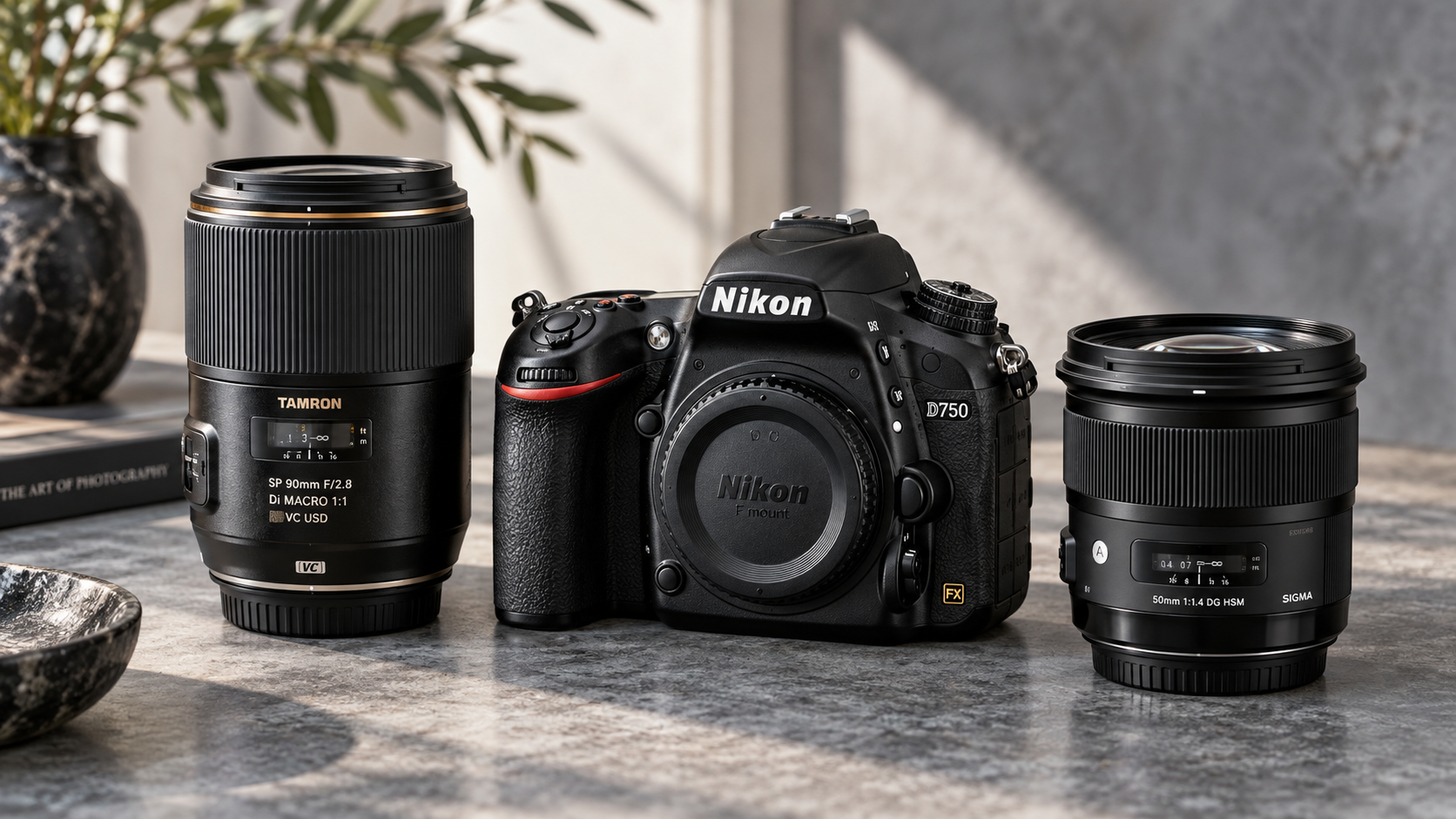 Nikon D750とTamron SP 90mm F2.8 Macro、Sigma 50mm F1.4 DG HSMを並べたカメラと単焦点レンズの画像