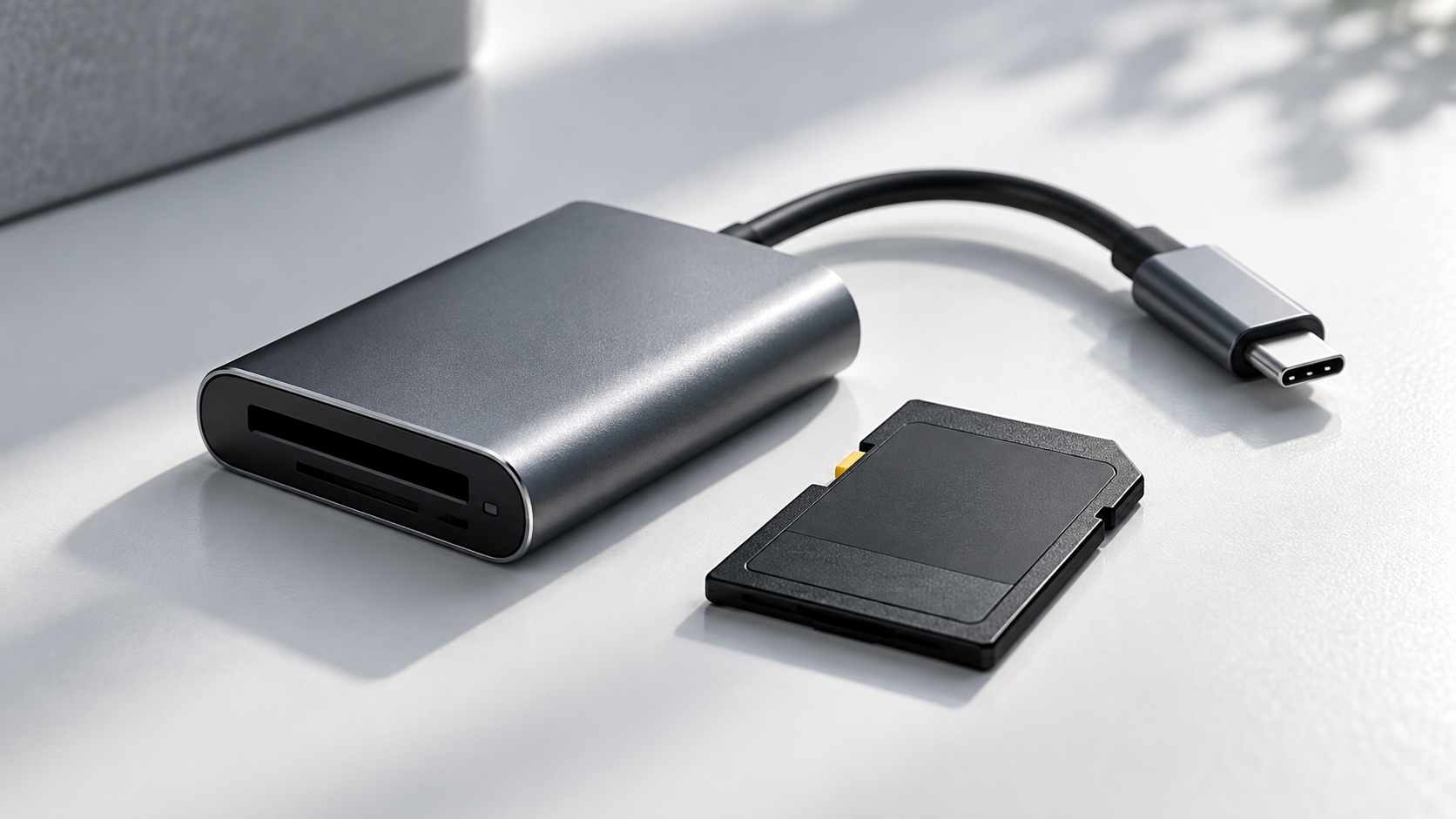 USB Type-C対応のSDカードリーダーとSDカード。デジタルカメラの写真をパソコンへ取り込む機器