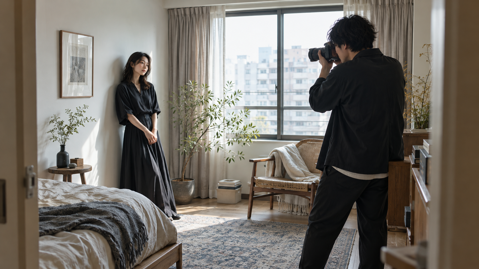 自然光が差し込む室内で、女性モデルを撮影する男性フォトグラファー。35mmと50mmレンズの撮影距離を考えるイメージ。