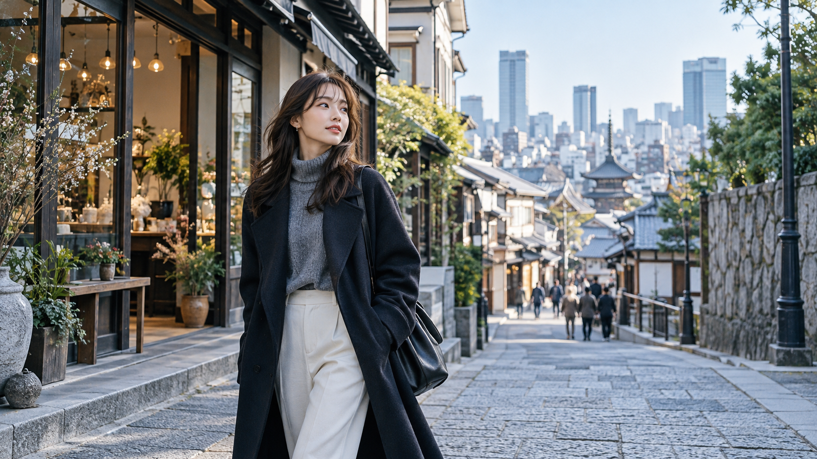 石畳の街並みを背景に、ネイビーのコートを着た女性が佇むスナップ写真。35mmレンズに適した人物と風景の構図例。