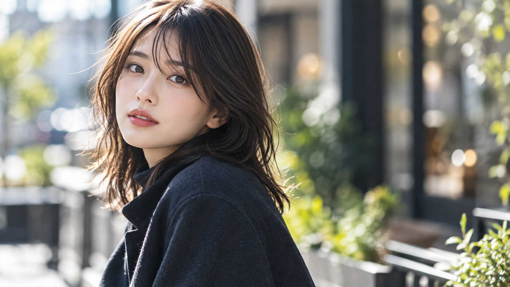 背景を柔らかくぼかし、女性の表情を際立たせた屋外ポートレート。50mmレンズの人物撮影をイメージした写真。