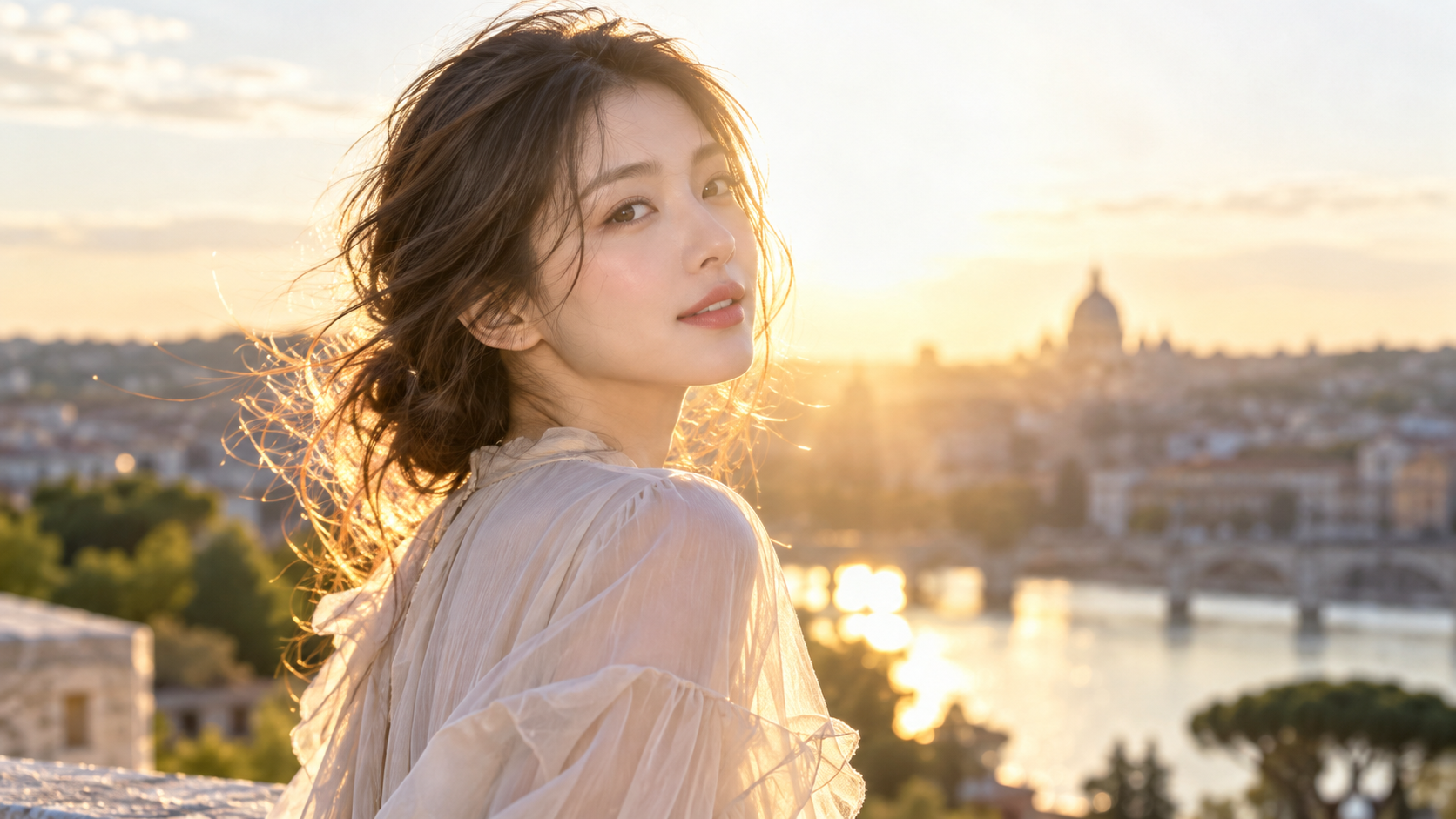 夕日の逆光で髪の輪郭が輝き、顔の明るさを保った女性のポートレート写真