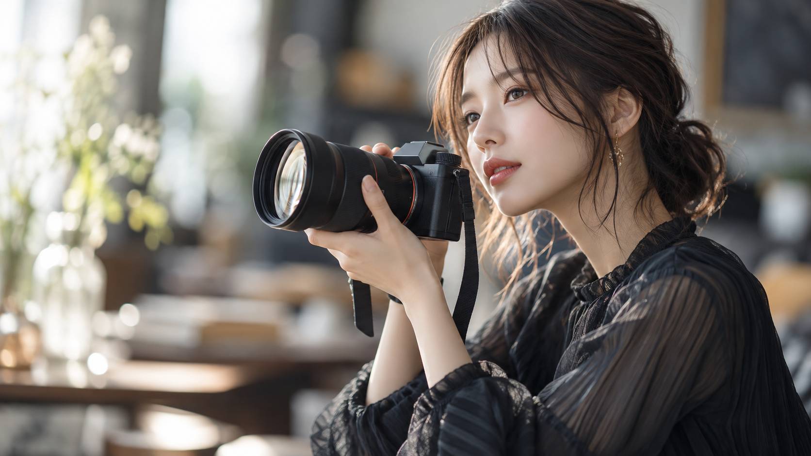 明るいレンズを装着したカメラを手にする女性。背景のボケが美しい室内でのポートレート