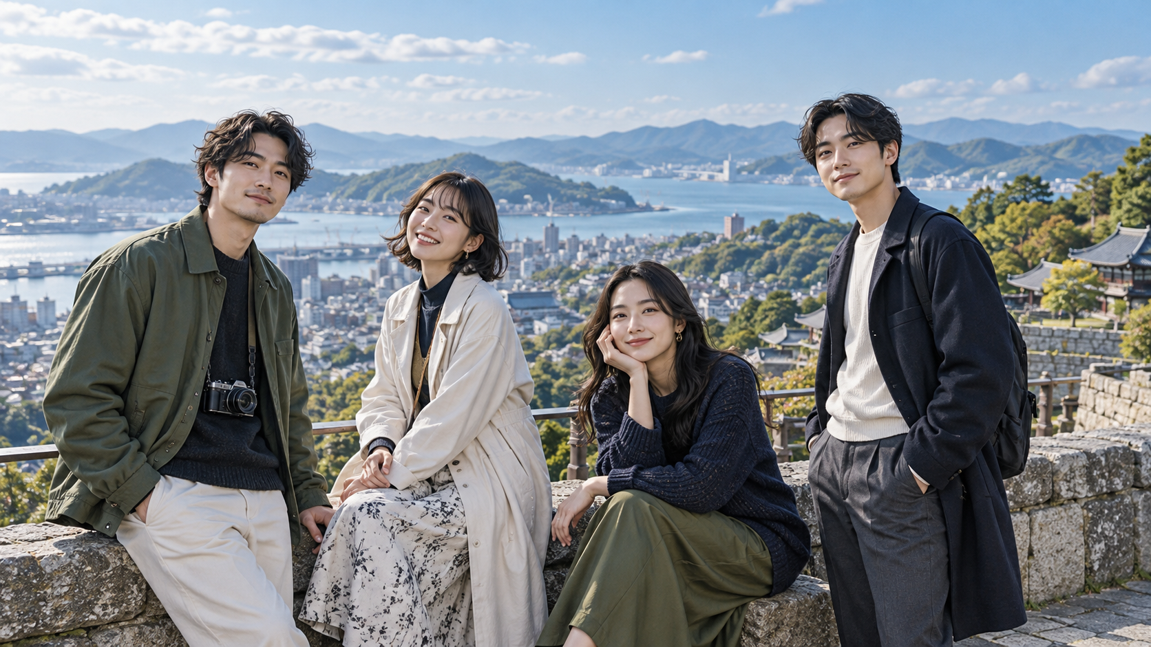 港町と山並みを背景に4人の男女を撮影した集合写真。人物と風景を鮮明に写す構図の例