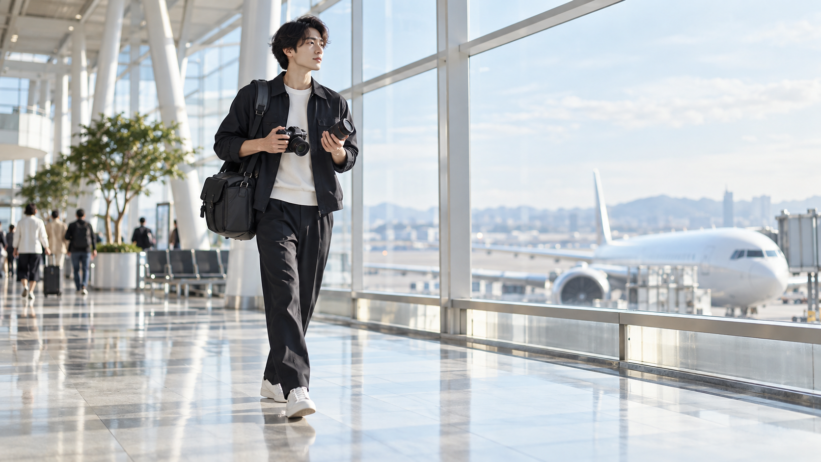 空港ターミナルでカメラバッグを肩に掛け、カメラと交換レンズを持って歩く男性