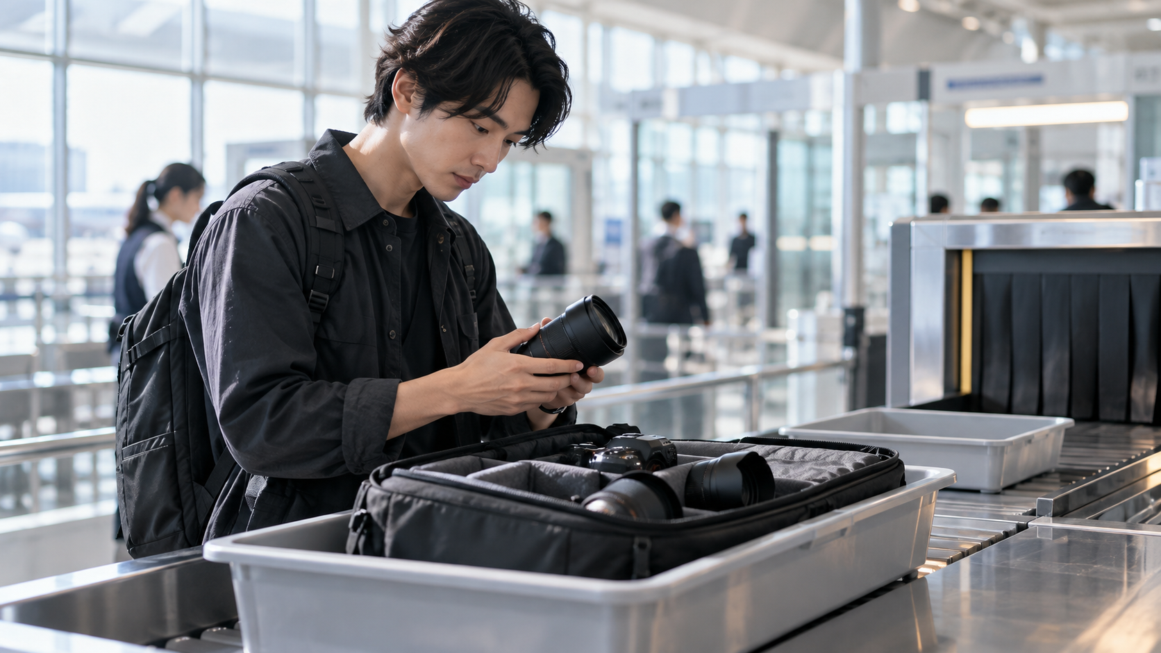 空港の保安検査場でカメラバッグを開き、検査トレーの前で交換レンズを確認する男性