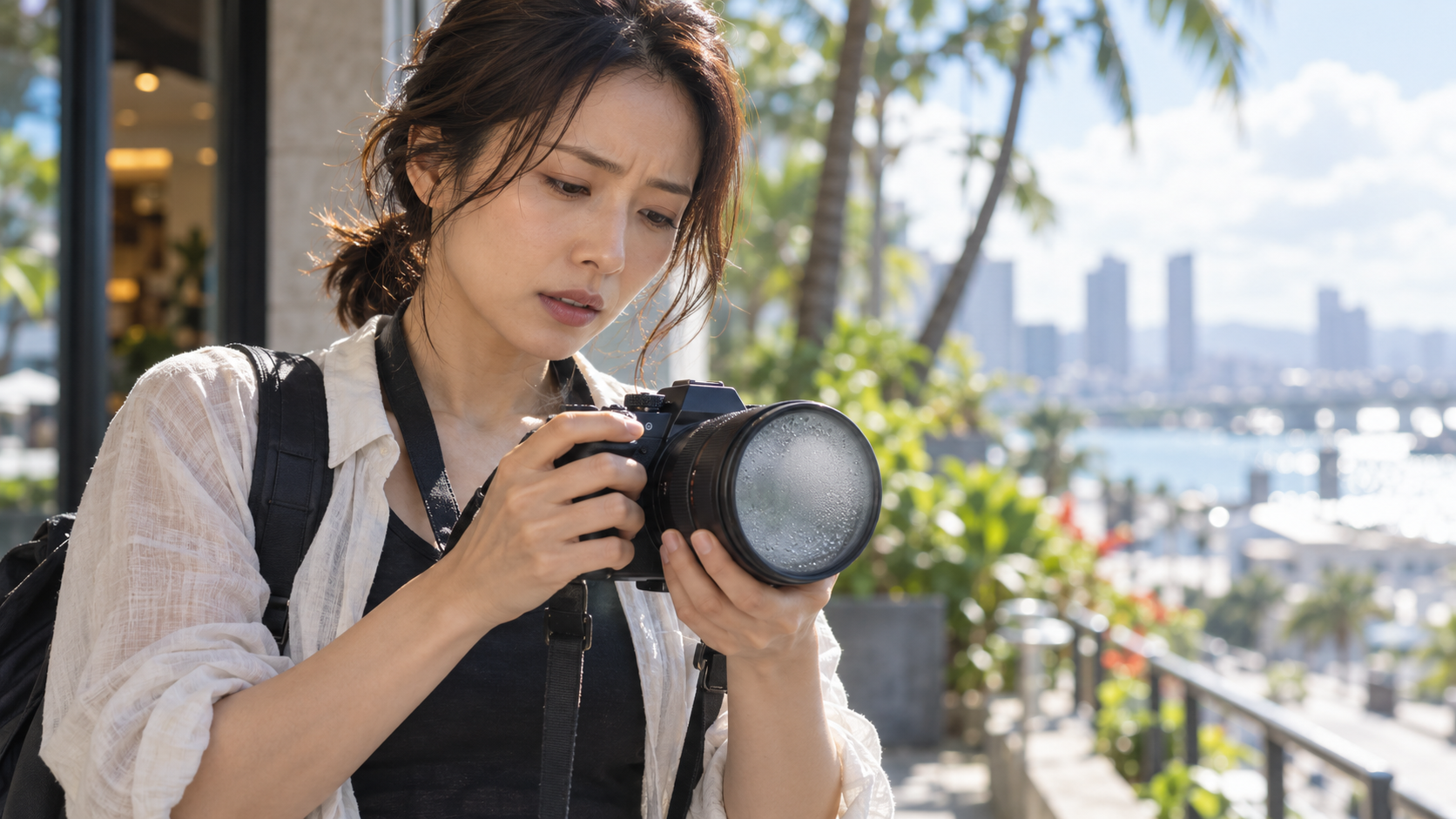 夏の屋外で結露により白く曇ったカメラレンズを確認する日本人女性