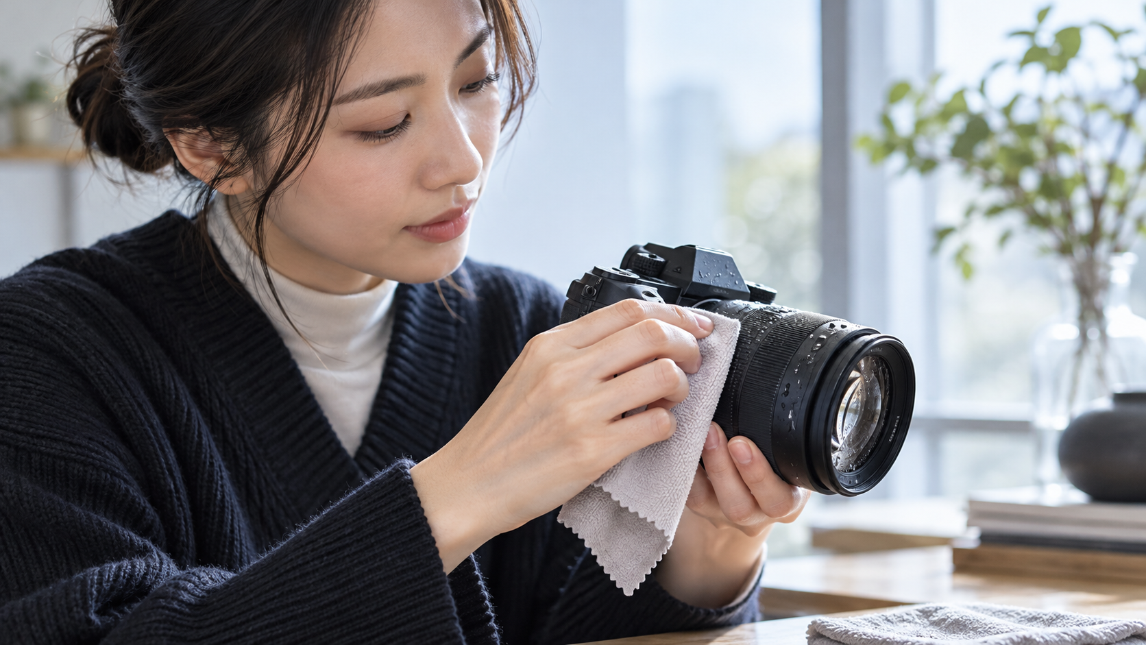 カメラレンズの外側に付いた水滴を柔らかい布で丁寧に拭き取る日本人女性