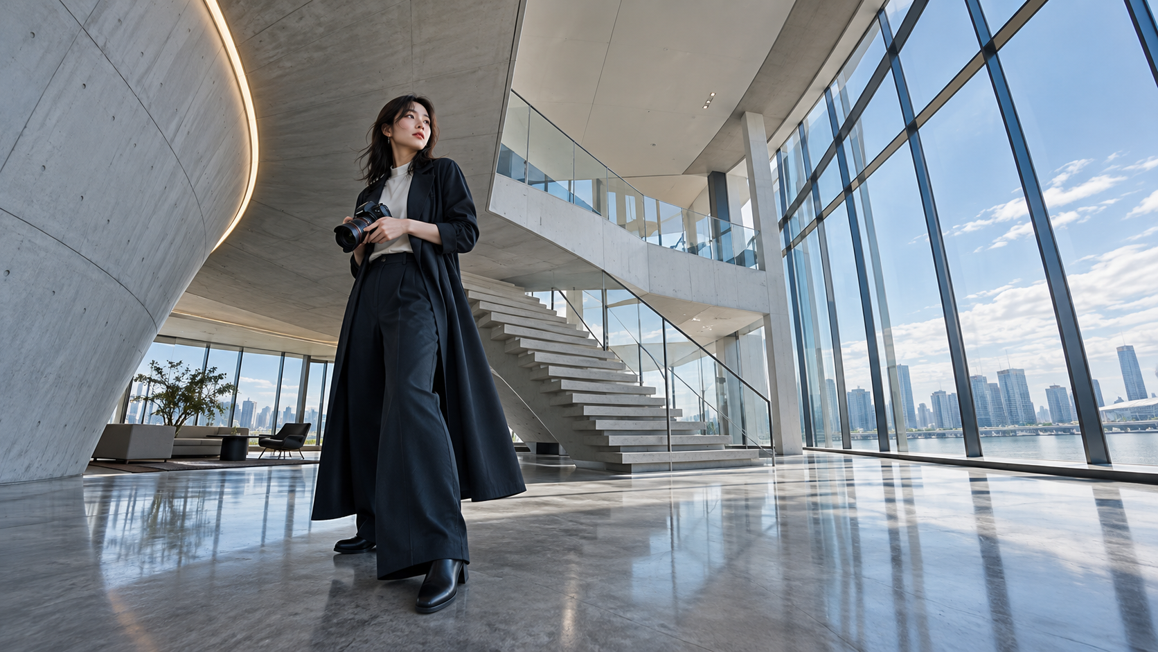 曲線の壁と大きなガラス窓が特徴的な建築空間でカメラを持つ女性