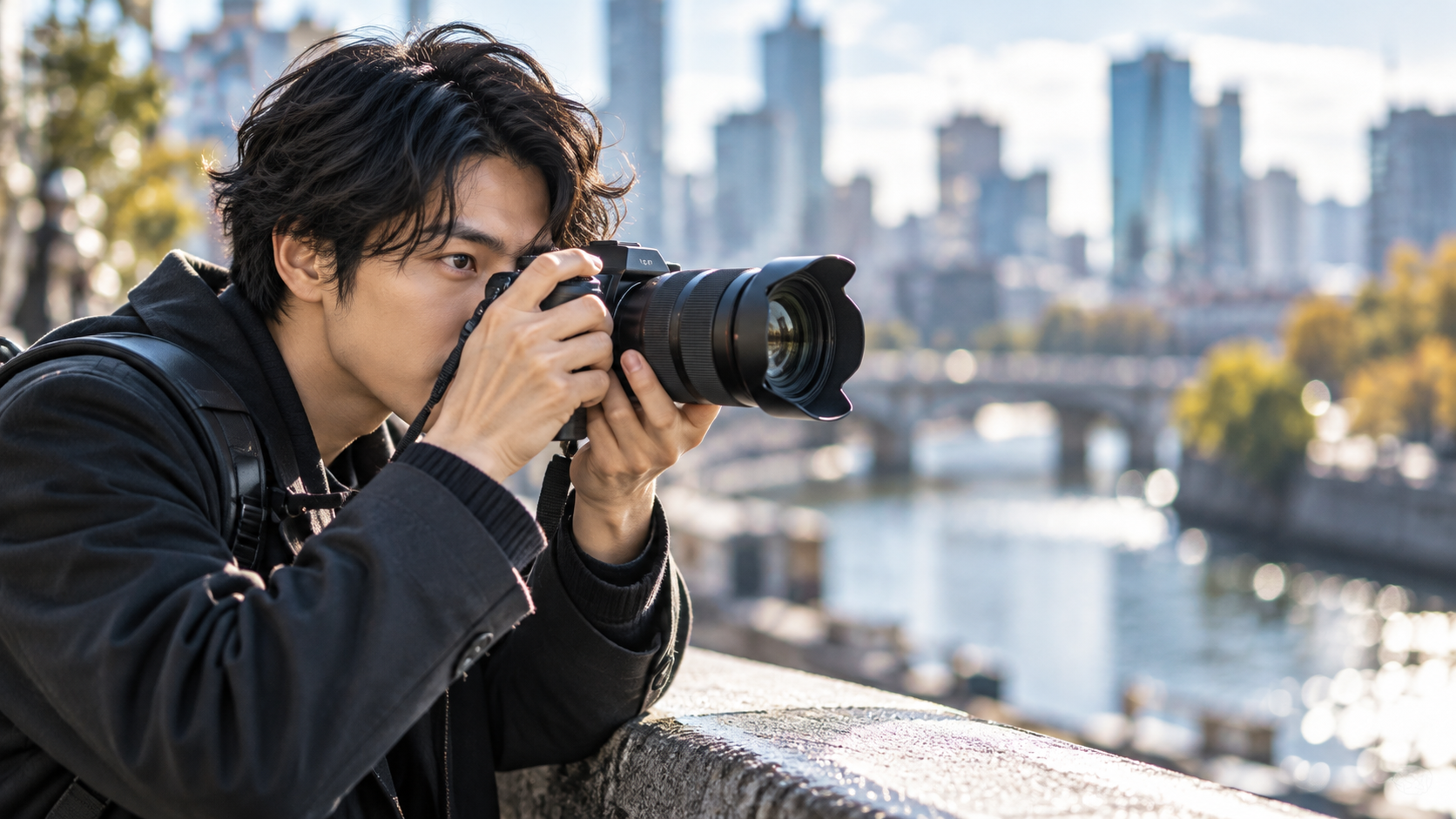 川沿いでズームレンズ付きカメラを構え、都市風景を撮影する日本人男性と背景のボケ