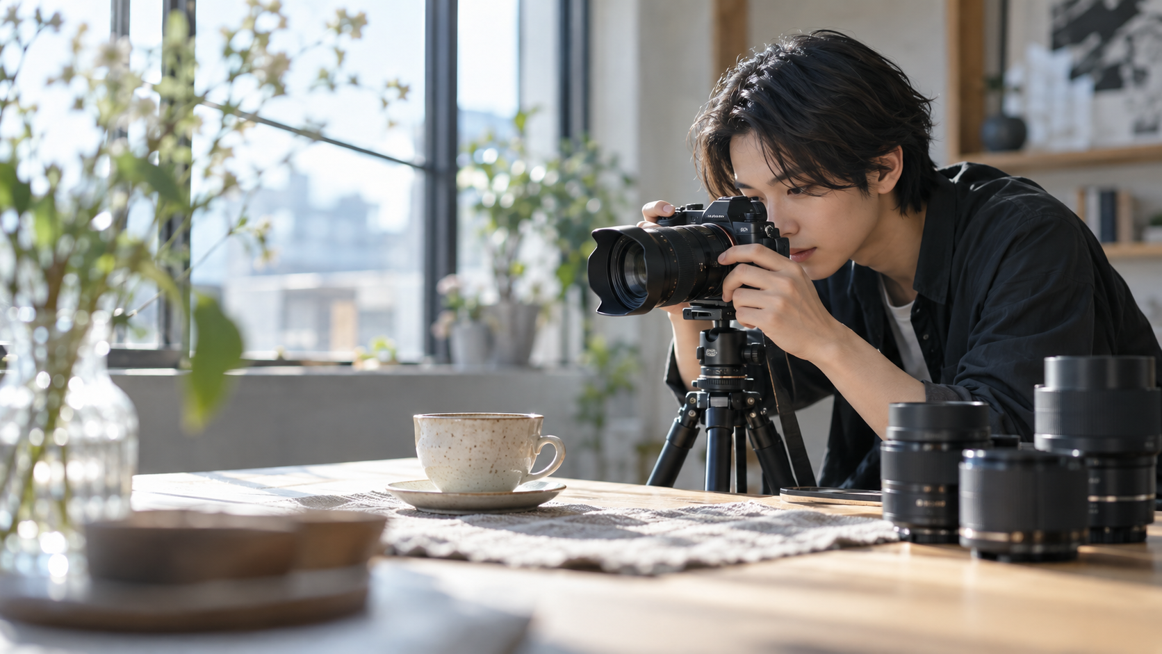 日本人男性が三脚に固定したミラーレスカメラで窓辺のコーヒーカップを撮影する様子。レンズの画角やピントを確認する撮影風景