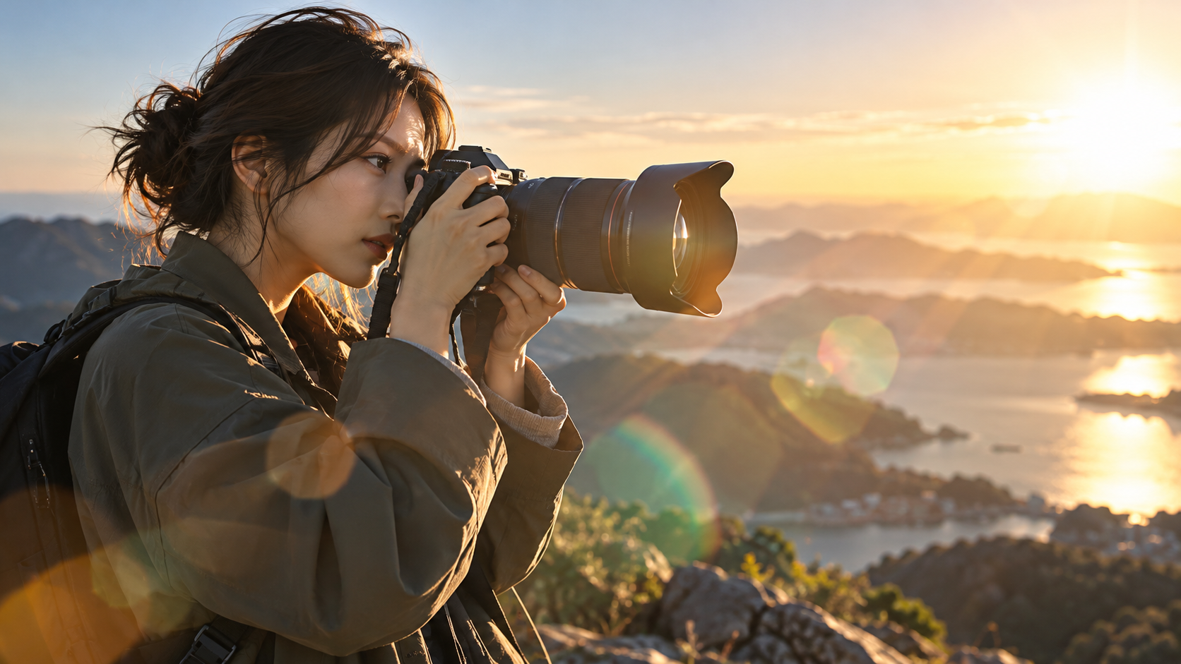 夕日の海岸風景を撮影する女性と画面に現れた円形のゴースト・フレ
