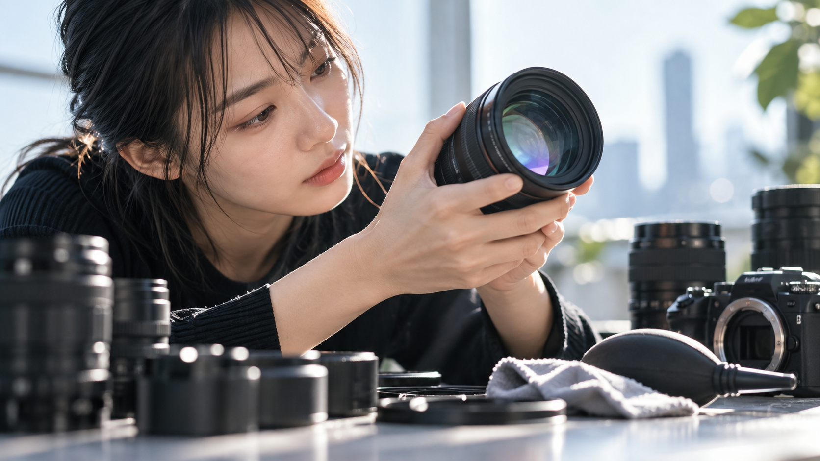 カメラレンズの曇りやコーティングの状態を自然光の下で確認する女性