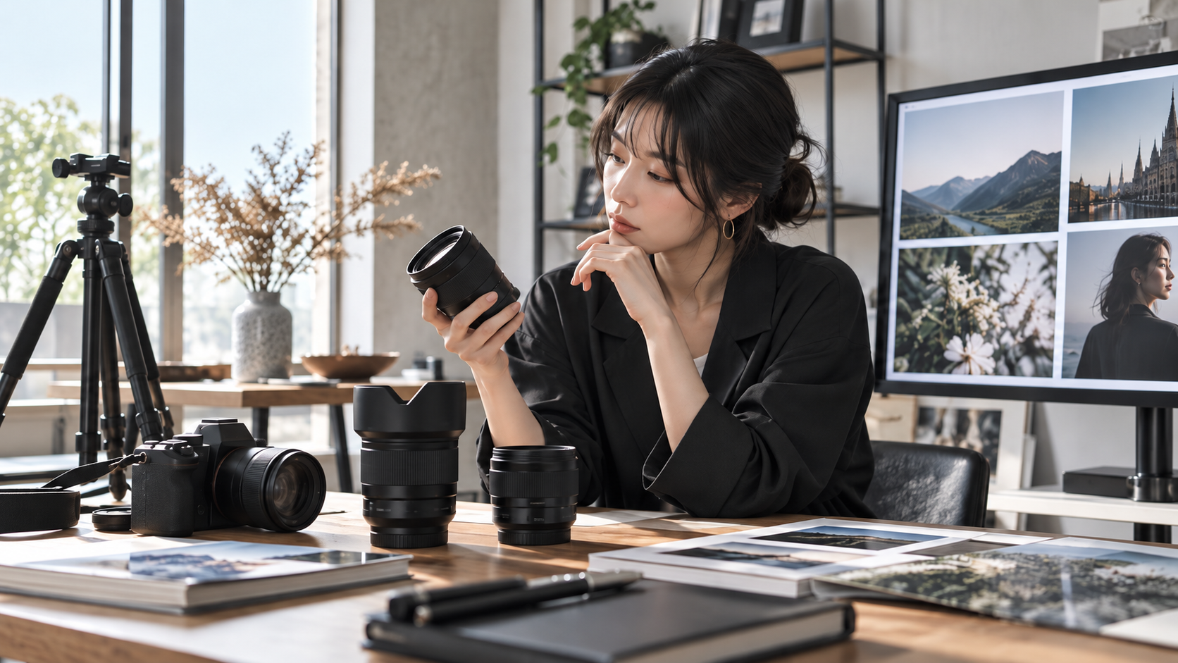撮影スタジオで交換レンズを確認する女性フォトグラファー。カメラレンズの性能と描写を比較するイメージ