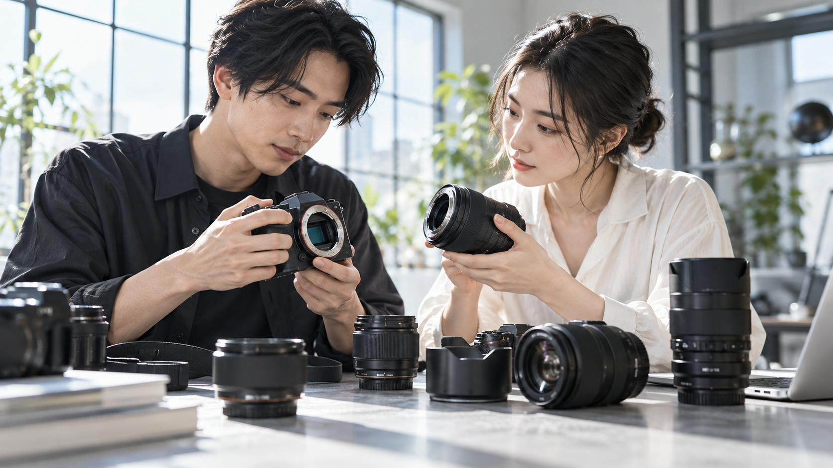 日本人の男女がミラーレスカメラのマウントと交換レンズを確認している様子。テーブルには複数のカメラレンズが並ぶ