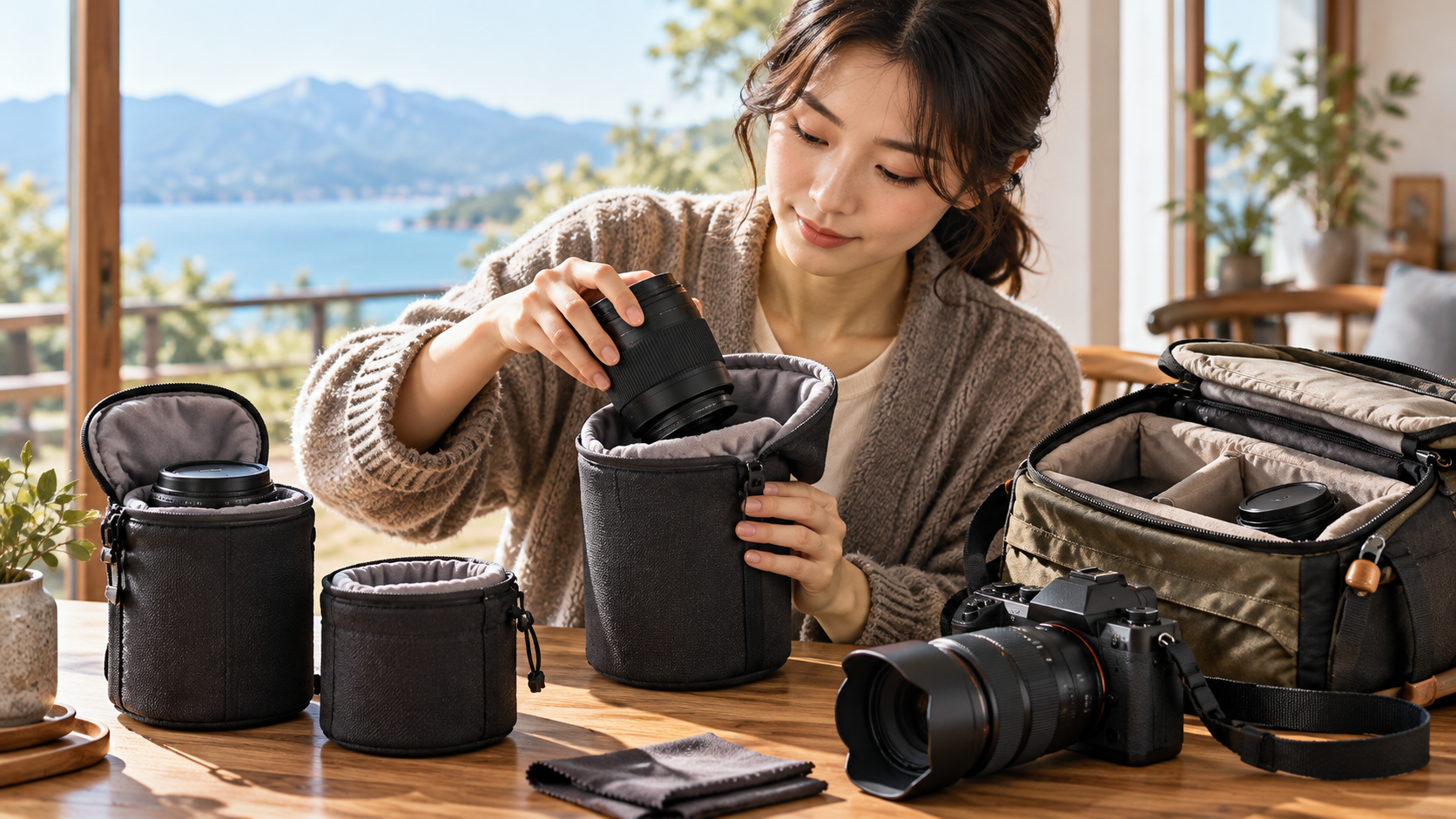 日本人女性が交換レンズをクッション付きポーチに収納し、レンズケースのサイズと使い方を確認している様子