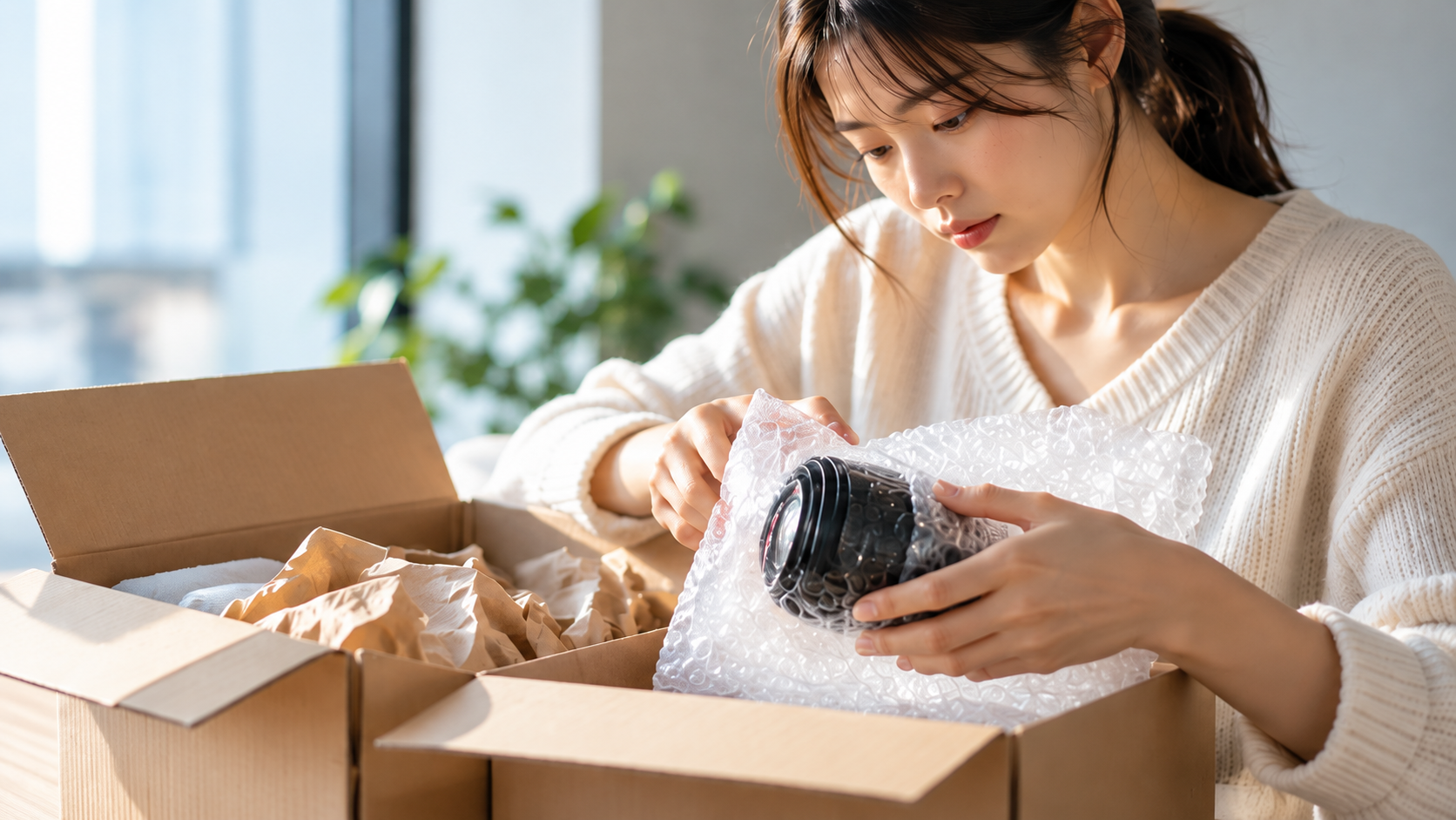 カメラレンズを緩衝材で包み修理発送用の段ボール箱へ梱包する女性