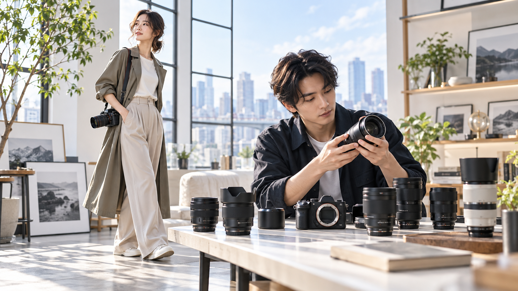 明るいスタジオで複数の交換レンズを並べ、レンズの特徴や使い方を確認する日本人男女
