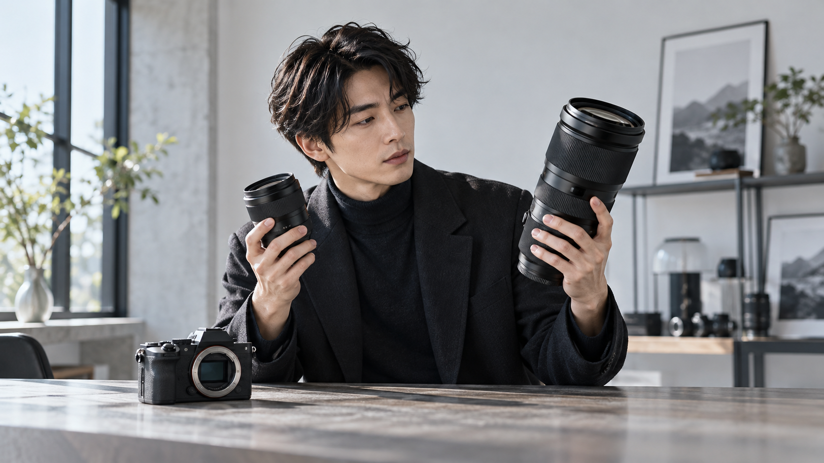 カメラの標準レンズと望遠レンズを両手に持ち、サイズや特徴を比較する日本人男性。焦点距離とズーム倍率の違いを考える場面。