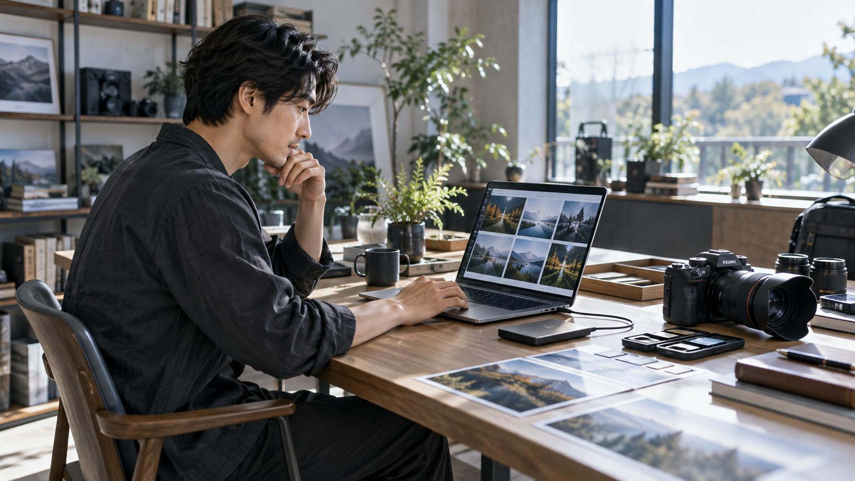 パソコンに取り込んだデジタルカメラの写真を確認し、外付けSSDでバックアップする作業風景