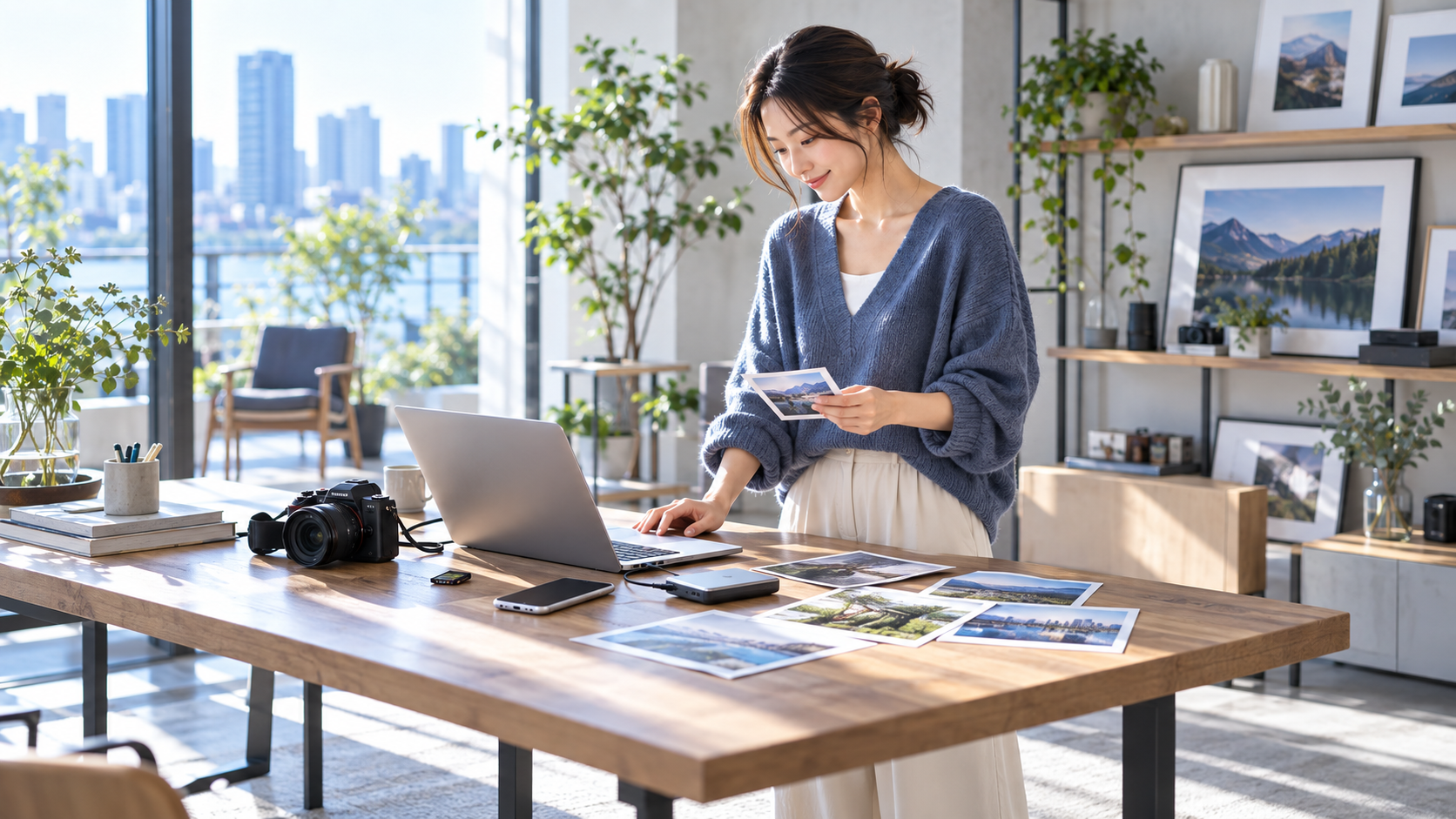 デジタルカメラの写真をパソコンと外付けストレージへバックアップする女性