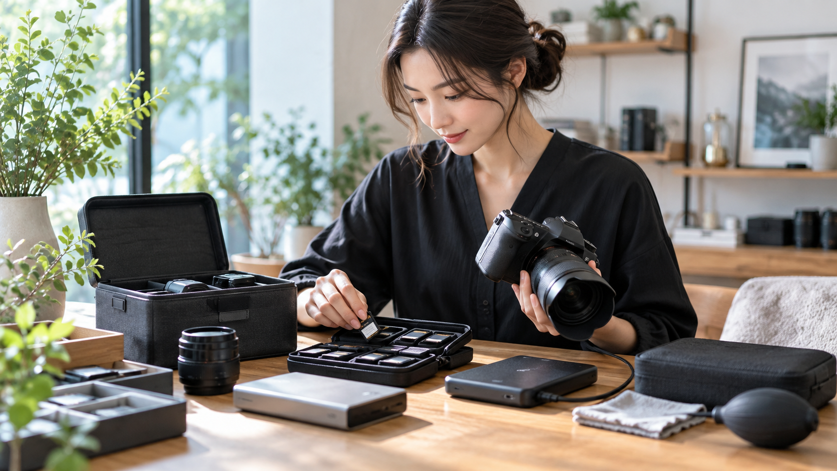 デジタルカメラのSDカードを専用ケースに整理し写真データの紛失を防ぐ女性