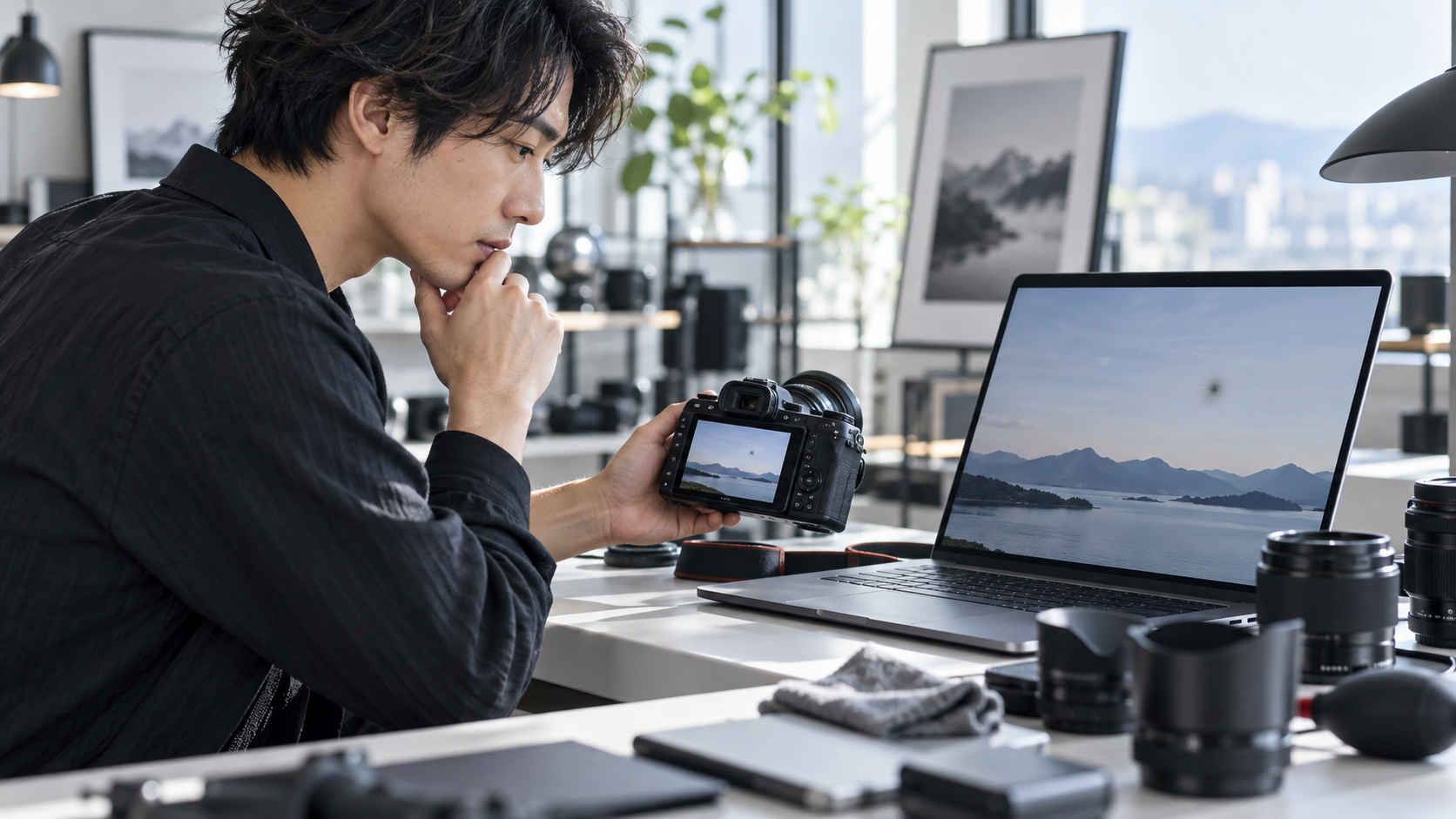カメラとパソコンに表示した風景写真を比較し、画像に写る黒い点やセンサーのホコリを確認する男性