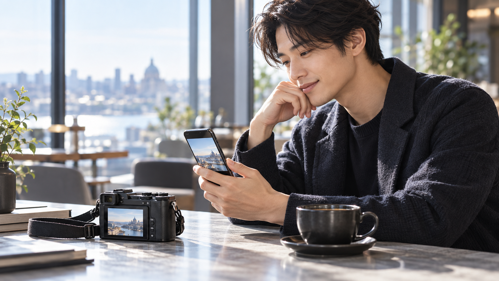 デジタルカメラの写真をスマホで確認して共有する男性