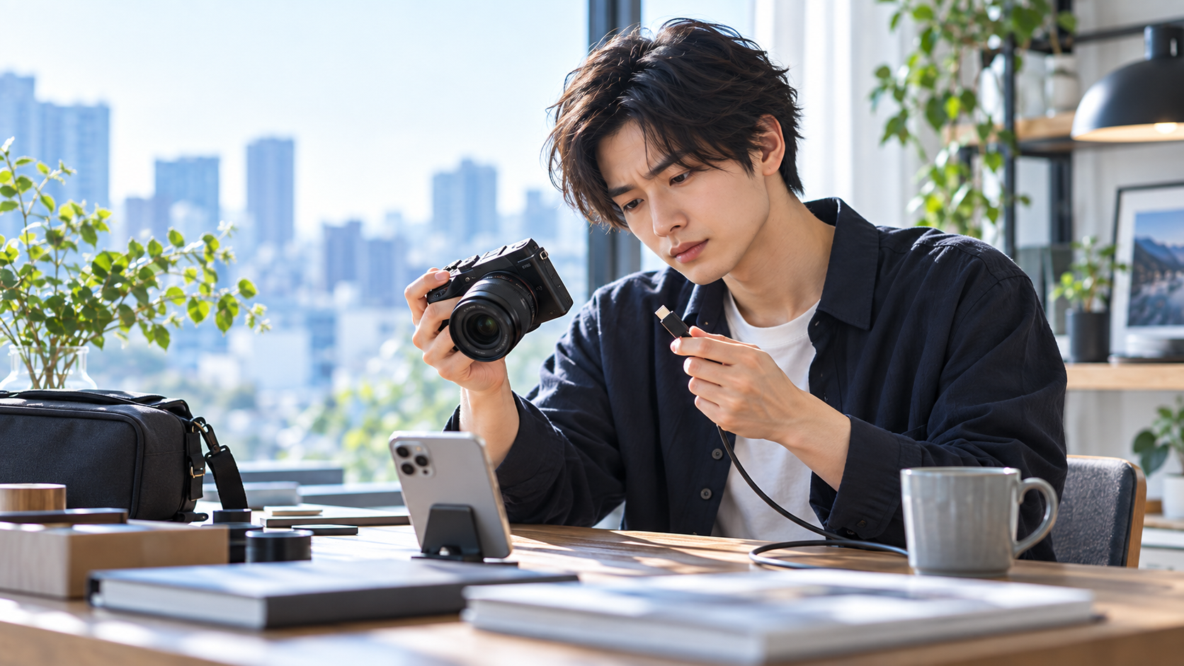 USBケーブルでデジタルカメラとスマホを接続する男性