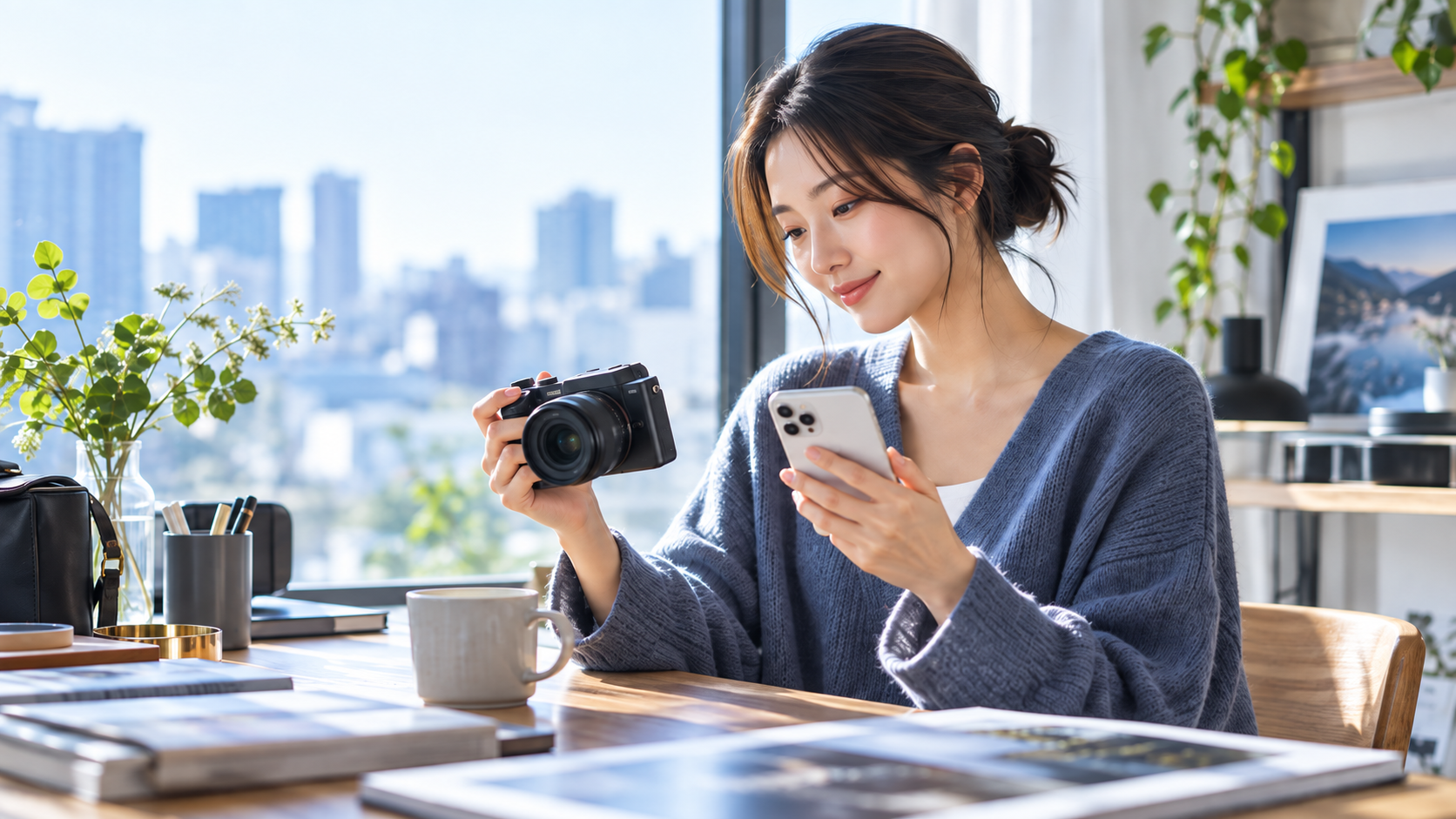 デジタルカメラからスマホへ写真を無線転送する女性