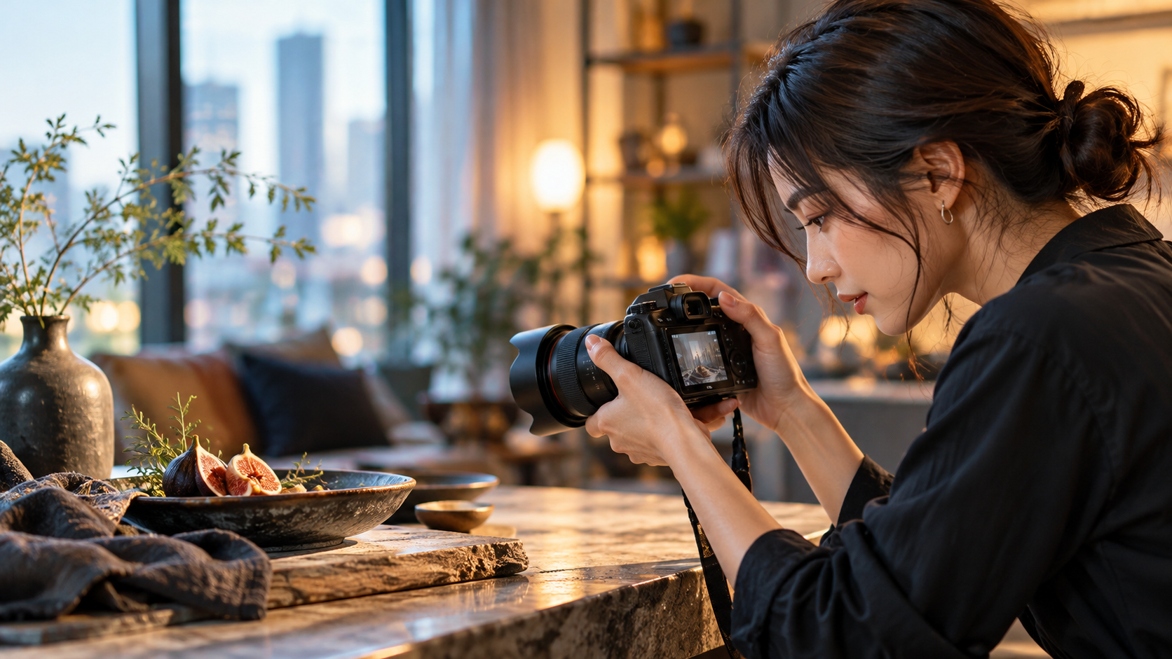 自然光と室内照明が混ざる環境でデジタルカメラの設定を確認しながら料理を撮影する女性