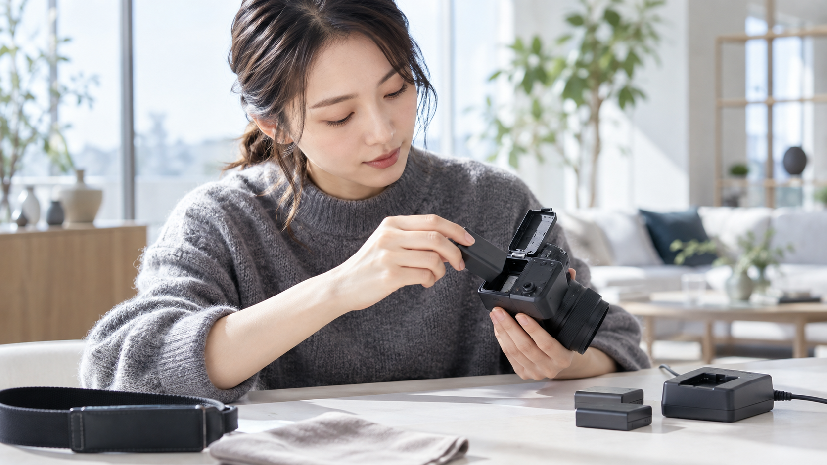 デジタルカメラの電源が入らないときにバッテリーの向きと電池室を確認する女性