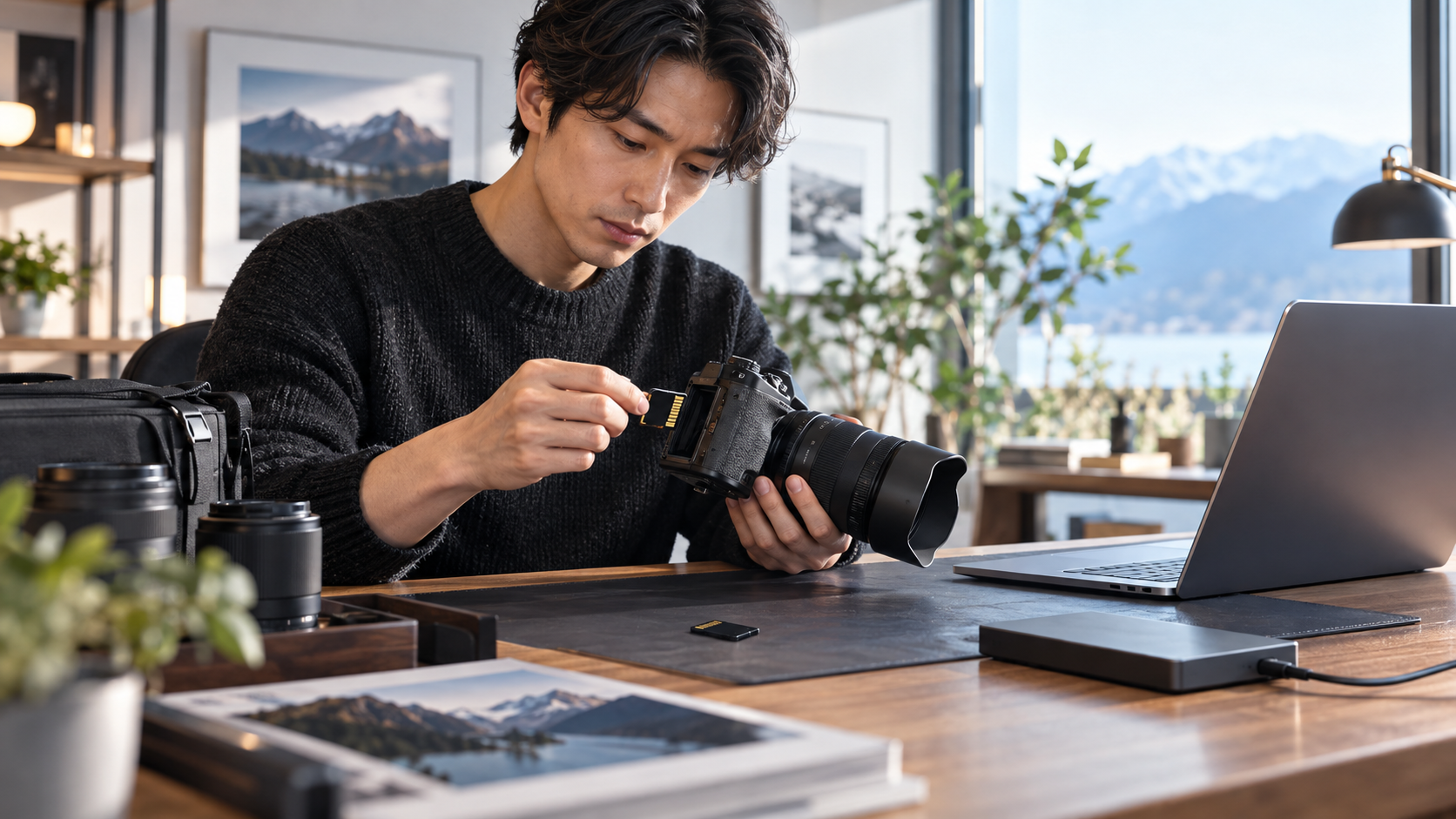 デジタルカメラからSDカードを取り出し、削除写真の復元に備える男性