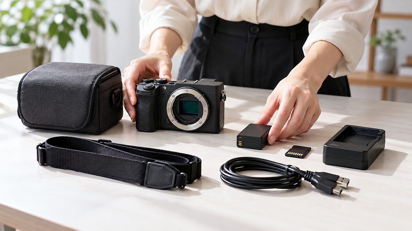 デジタルカメラの処分前に本体・SDカード・バッテリー・充電器などの付属品を仕分けする様子