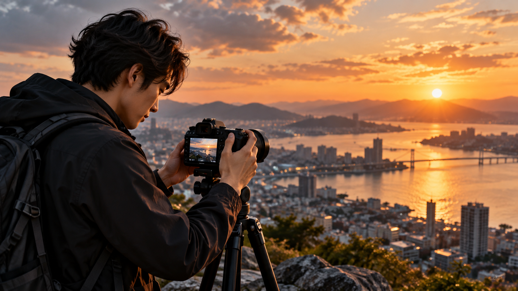 夕暮れの街並みを三脚付きデジタルカメラで撮影し、液晶画面で露出と明るさを確認する男性