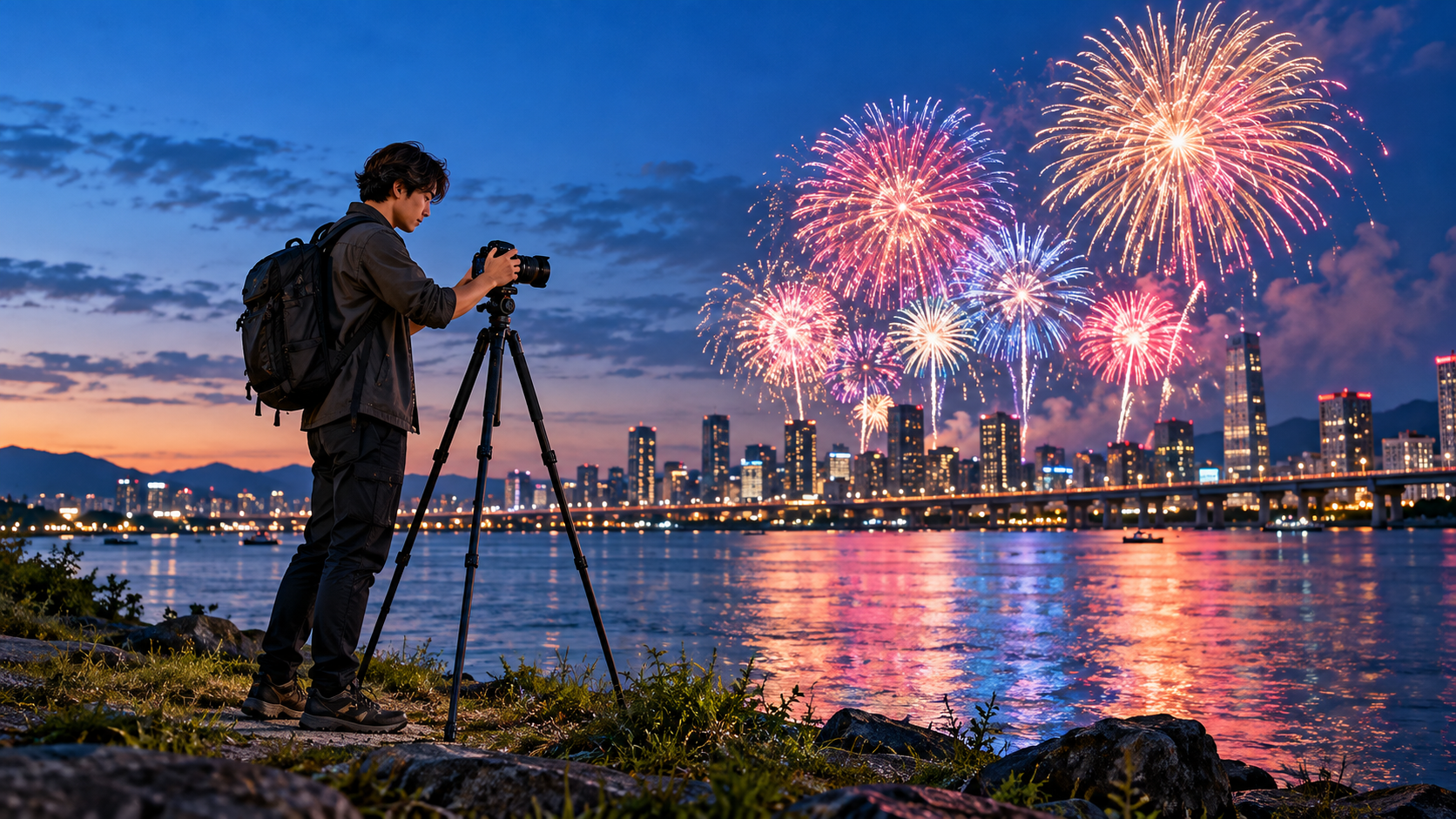 三脚に固定したデジタルカメラで夜空の花火を撮影する男性と、水面に映る色鮮やかな花火