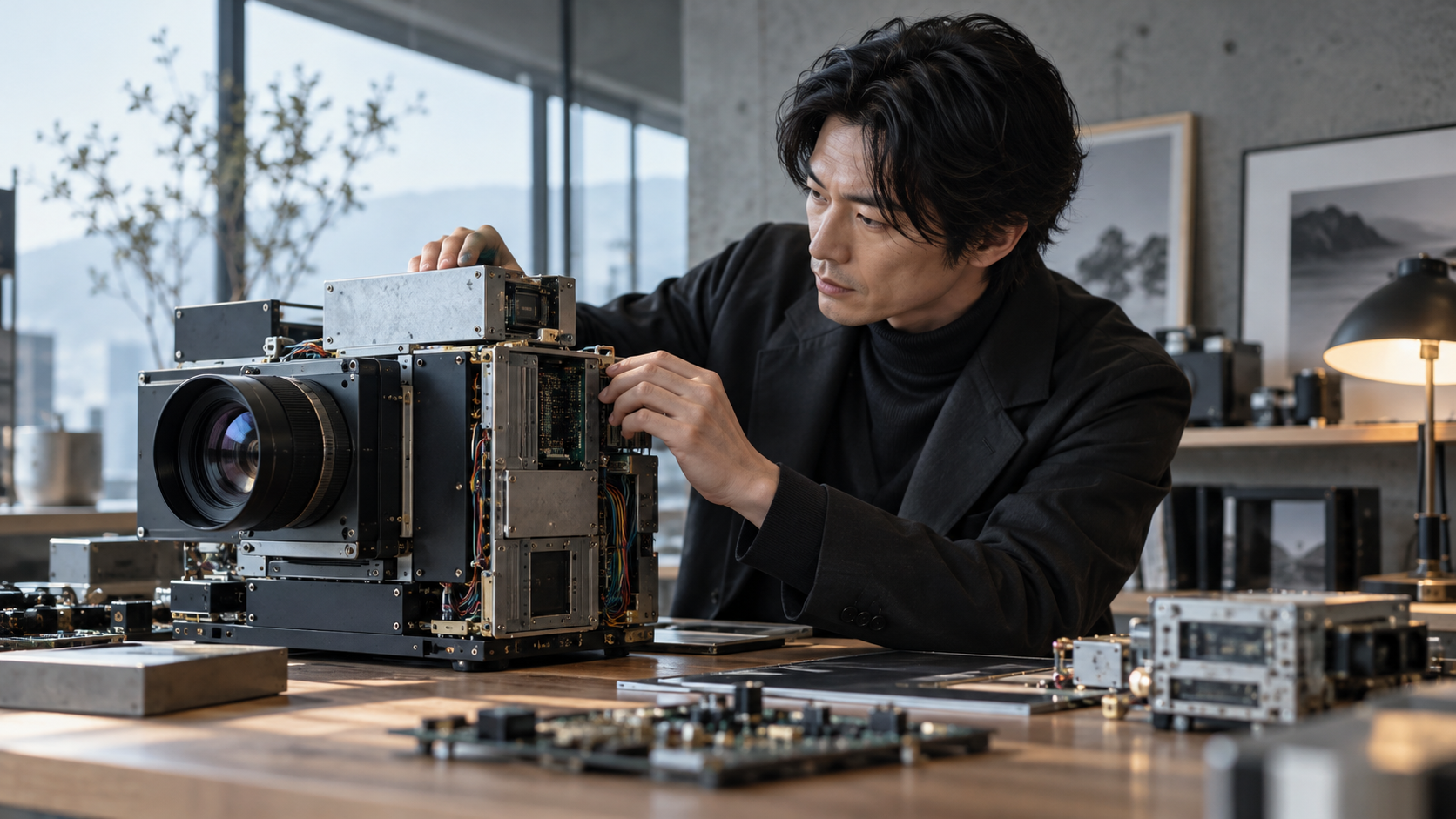 初期のデジタルカメラ試作機をイメージした電子機器を調整する日本人男性と内部の電子回路