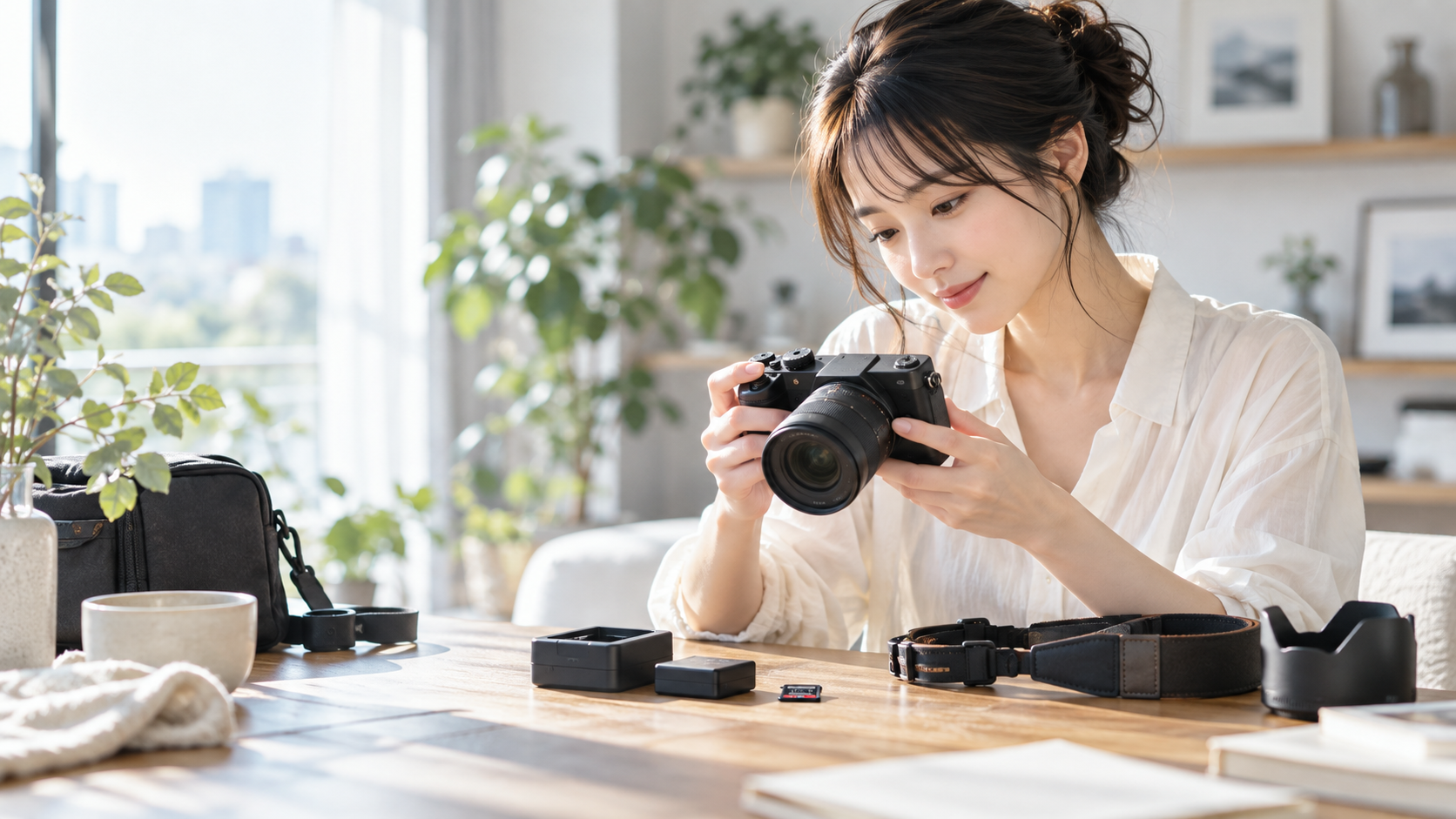 デジタルカメラの基本操作を確認する初心者の日本人女性