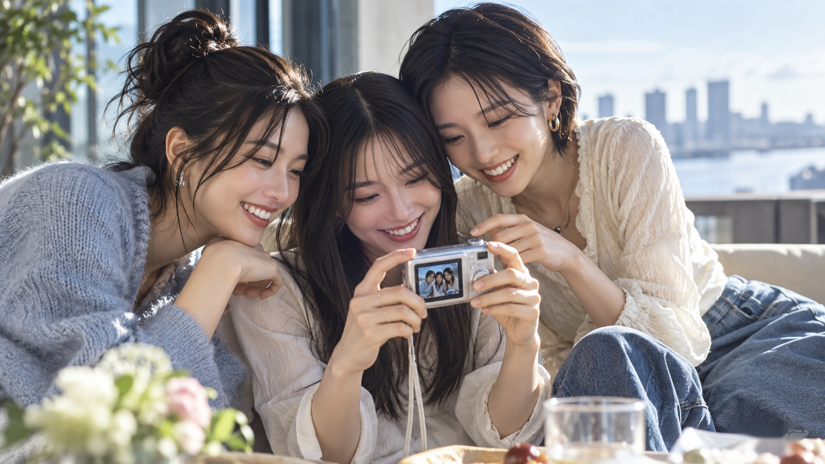コンパクトデジタルカメラの液晶画面で撮影した写真を確認する3人の日本人女性