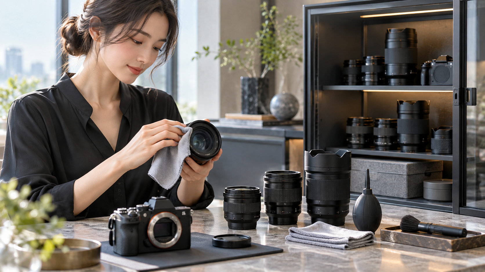 デジタルカメラのレンズをクロスで清掃する女性と交換レンズを保管する防湿庫