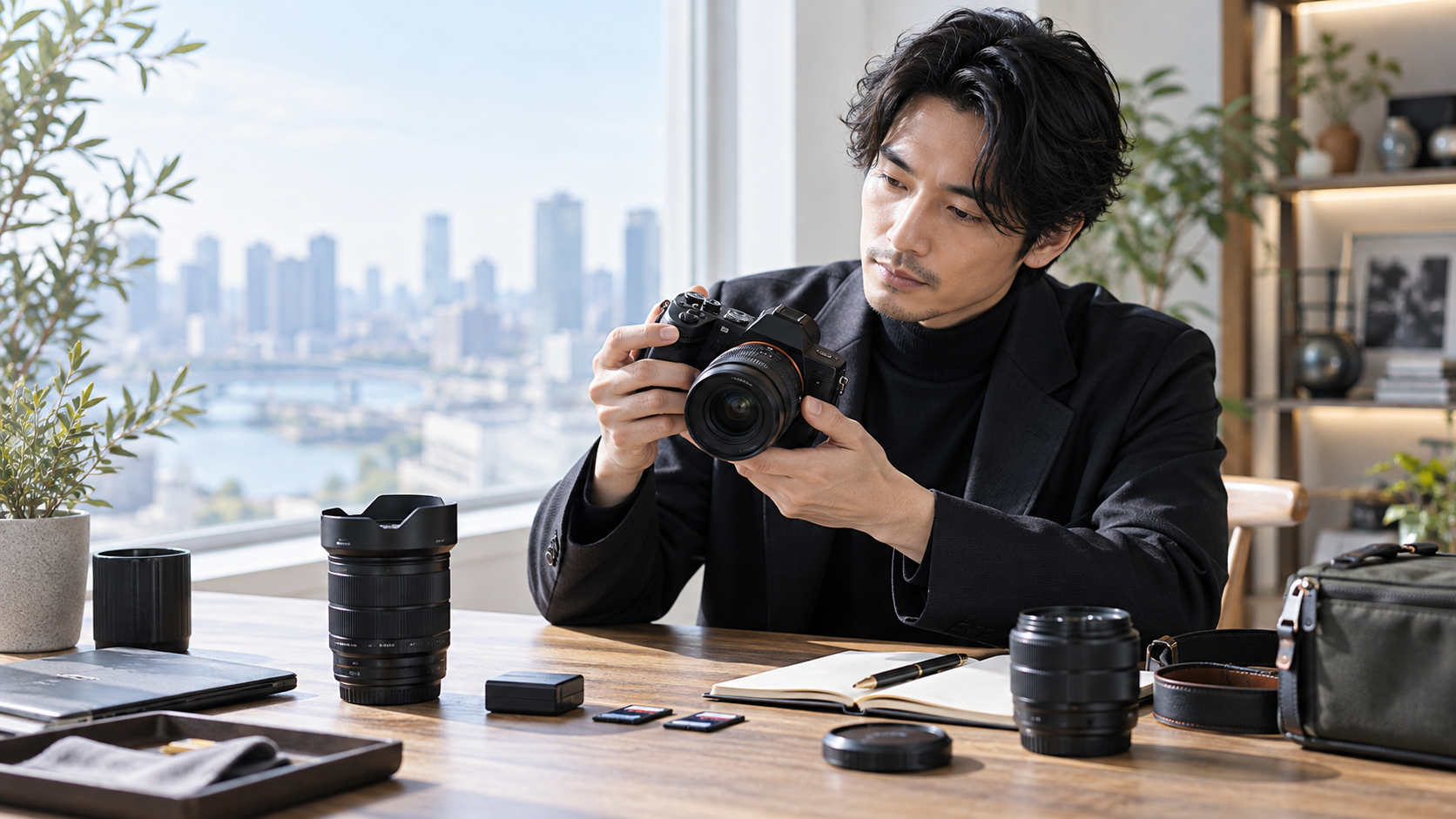デジタルカメラの寿命を確認するため本体の状態を点検する男性と交換レンズ