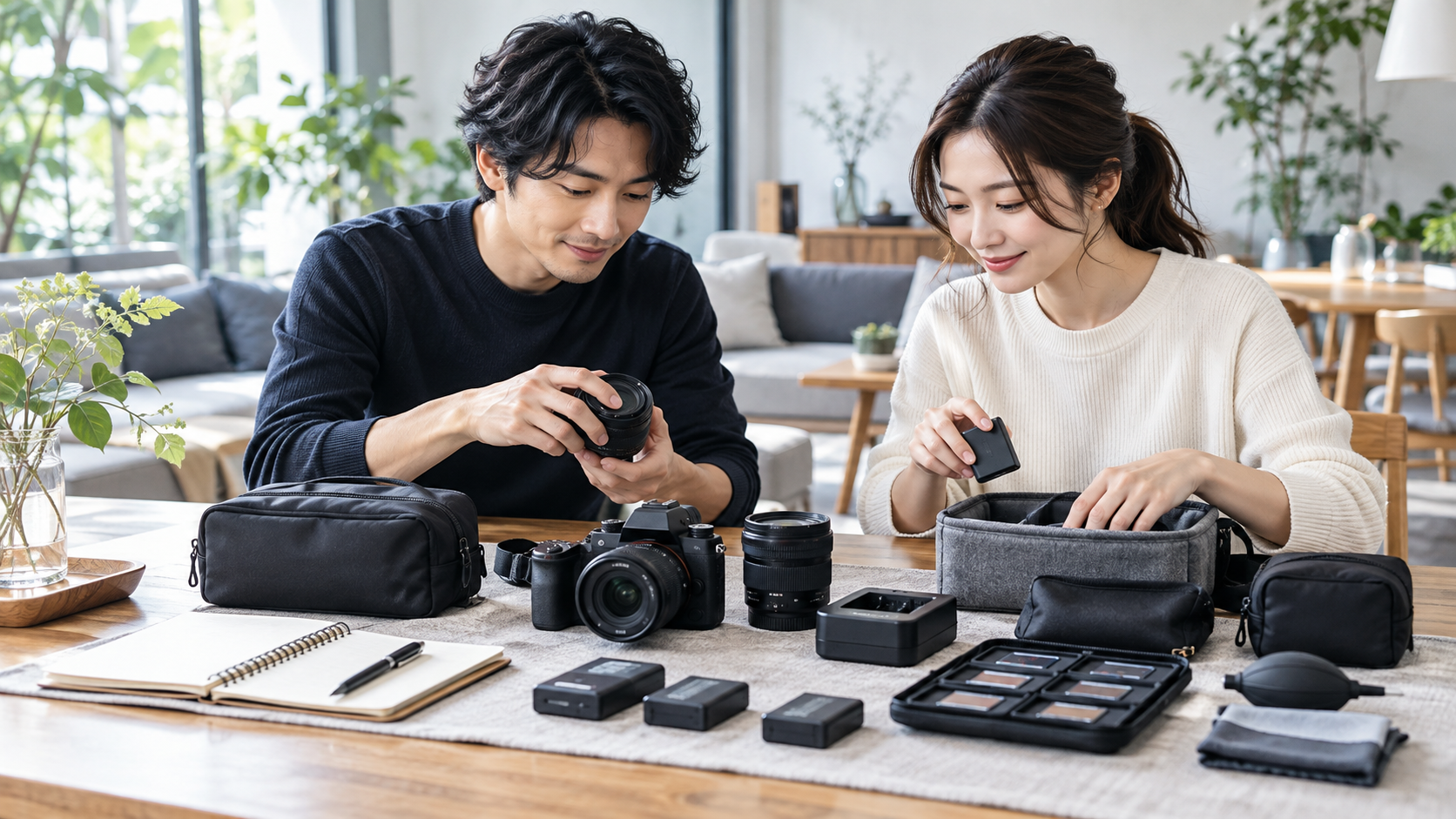 デジタルカメラの電源トラブルを防ぐためにバッテリーやレンズなどの撮影機材を整理する男女