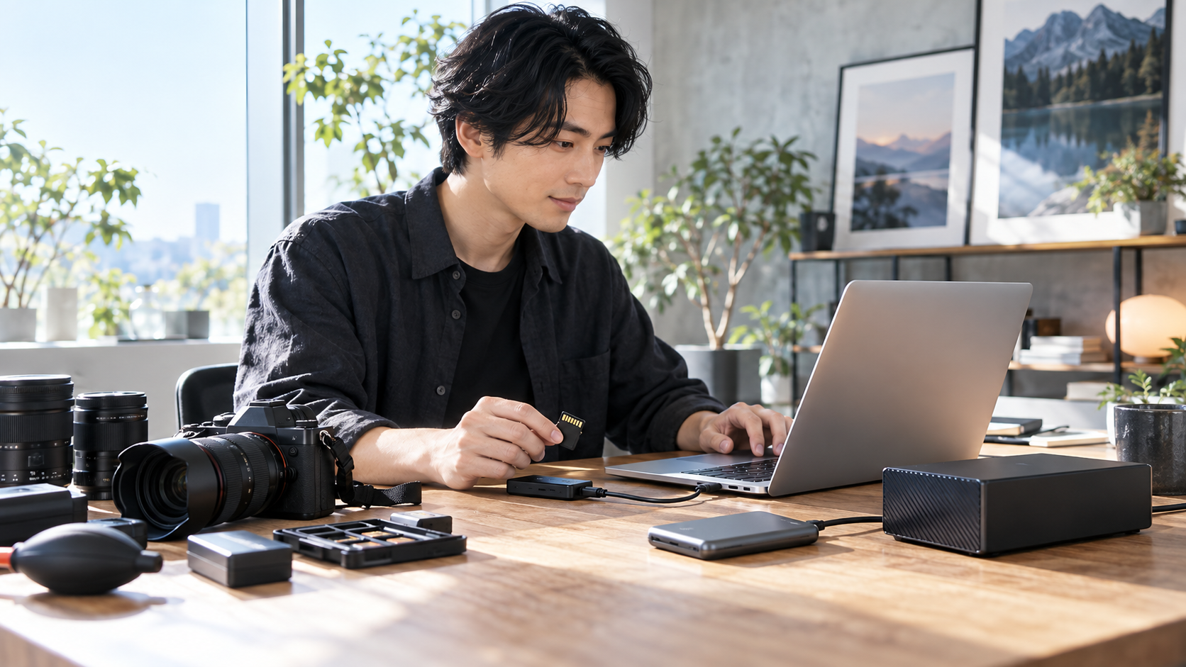 デジタルカメラの写真をパソコンに取り込み外付けSSDやHDDへバックアップする男性