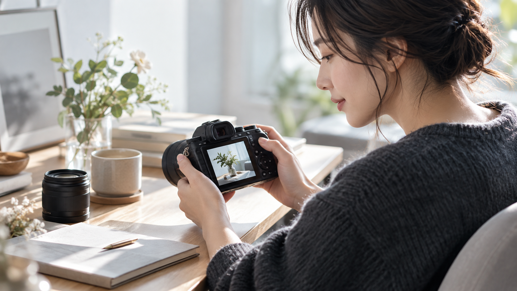デジタルカメラの背面画面で撮影写真のピントを確認する初心者