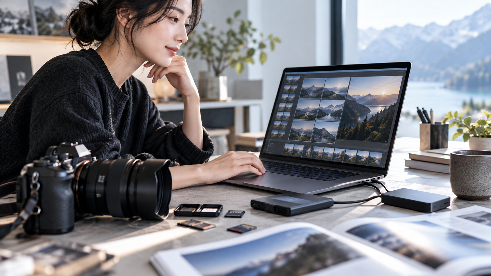 デジタルカメラで撮影した風景写真をノートパソコンで確認する日本人女性と、SDカードや外付けストレージ