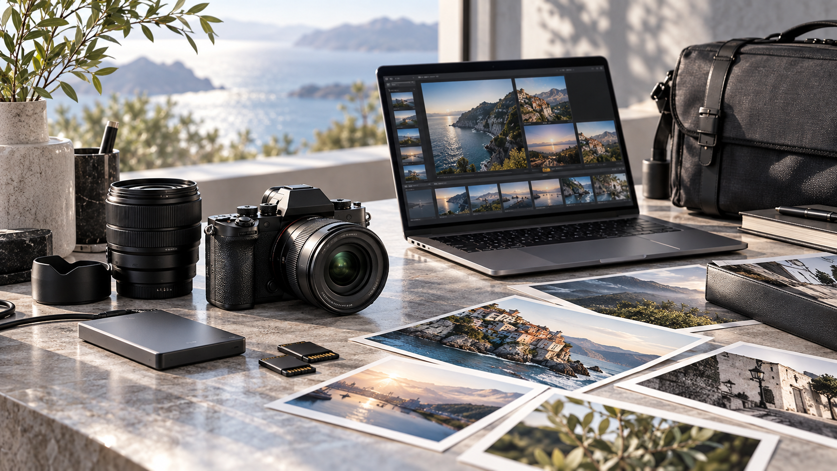 カメラとパソコン、メモリーカード、保存機器、プリント写真を並べた撮影ワークフロー